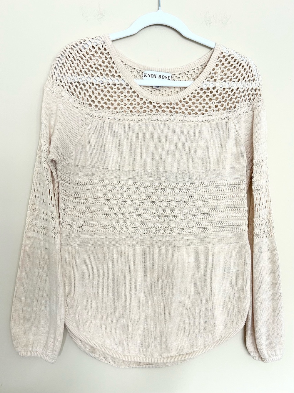 Knox Rose Women’s Beige Open-Knit Pointelle Scoop Neck Pullover